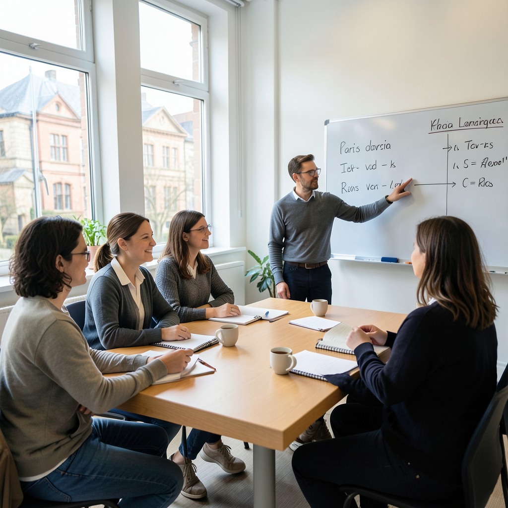 Studenci w krakowskiej szkole językowej, pokazujący jak uczyć się hiszpańskiego w Krakowie
