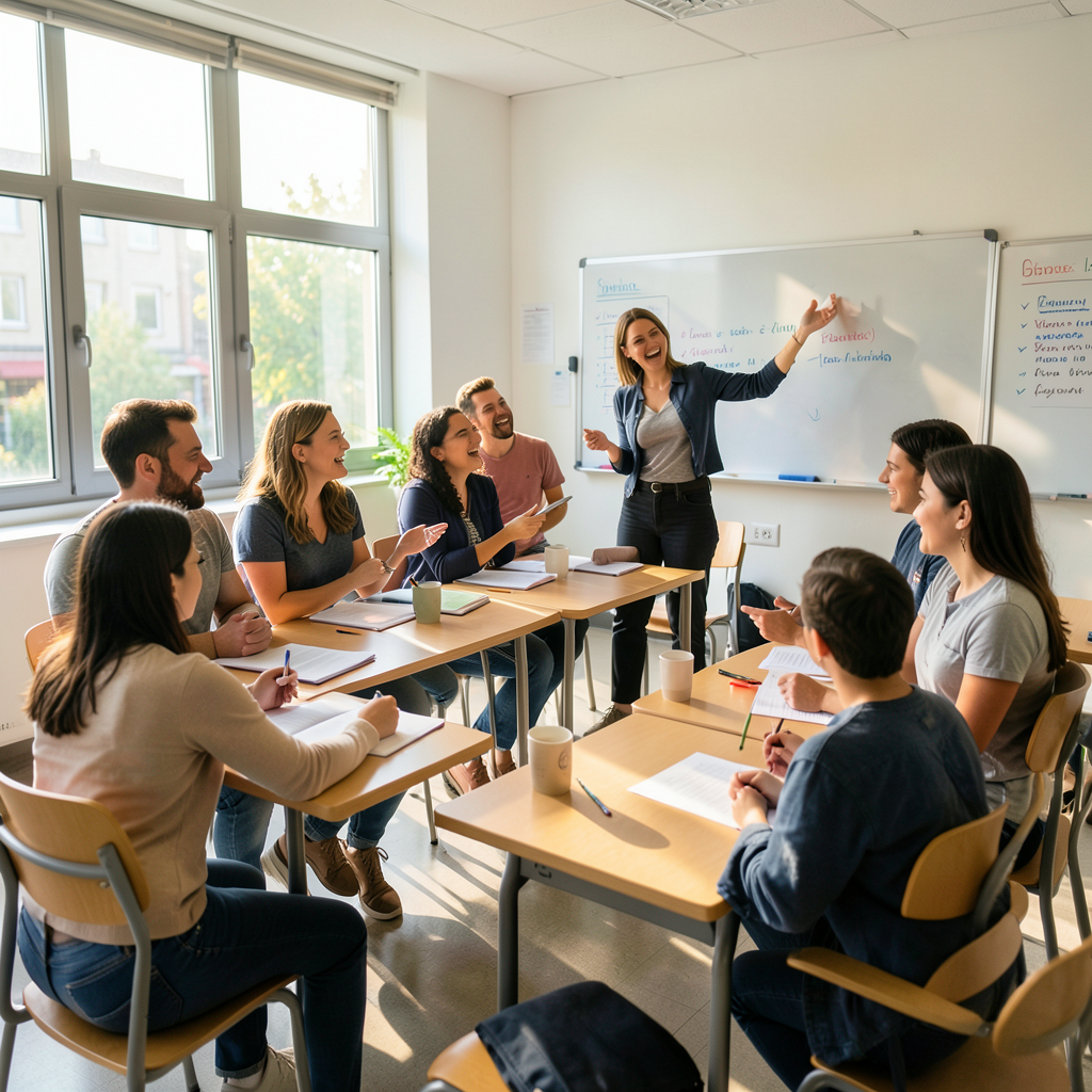 Studenci w klasie, wyjaśniając dlaczego hiszpański jest tak popularny wśród Polaków