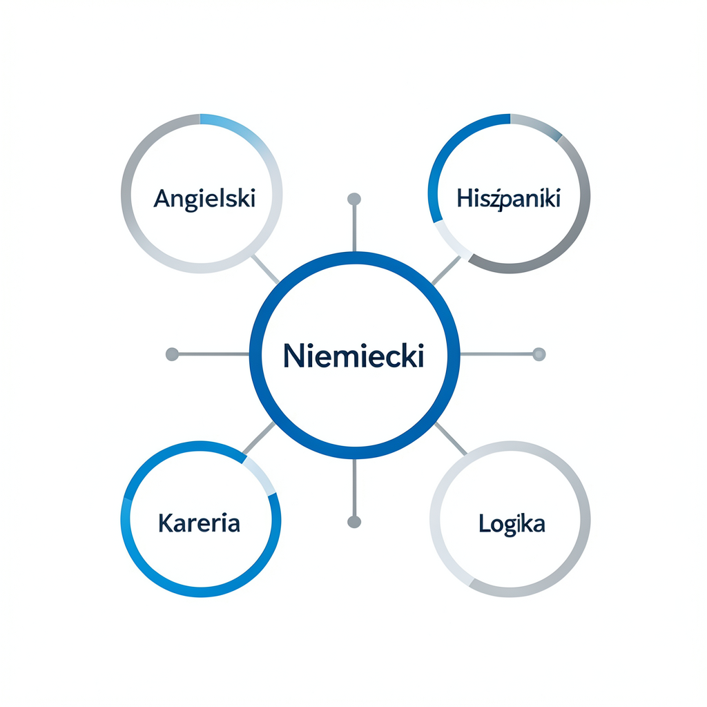 Diagram przedstawiający niemiecki jako punkt wyjścia do nauki innych języków i rozwoju kariery
